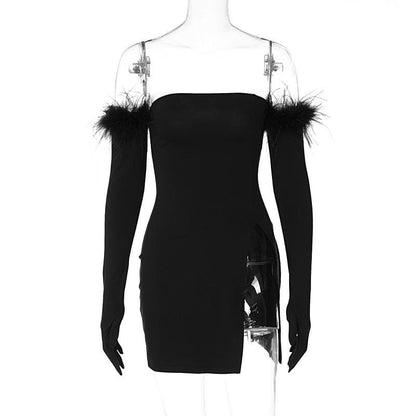 Feather Solid Slit Backless Gloves Tube Mini Dress