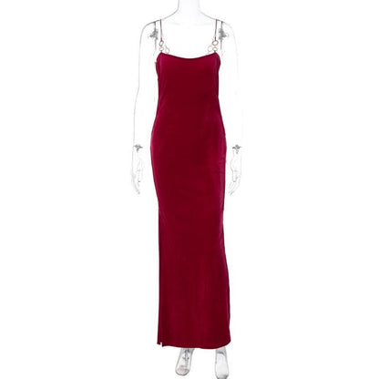 Velvet Solid O Ring Hollow Out Slit Backless Cut Out Maxi Dress