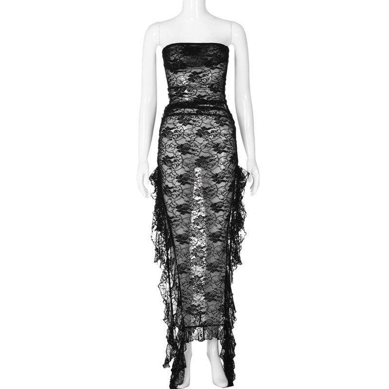 Slit Ruffle Lace See Through Solid Tube Maxi Dress