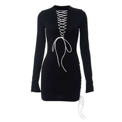 Lace Up Contrast Long Sleeve Irregular Crewneck Mini Dress