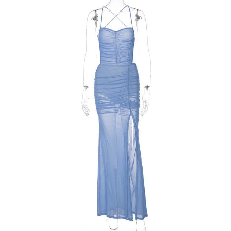 Backless Mesh Cross Back Ruched Slit Self Tie Solid Maxi Dress