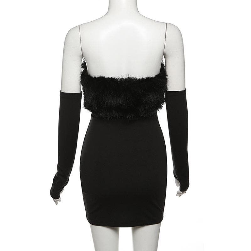 Furry Gloves Solid Backless Tube Mini Dress