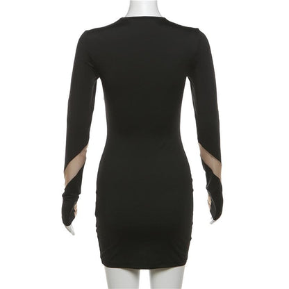 Long Sleeve Crewneck Mesh Patchwork Contrast Mini Dress