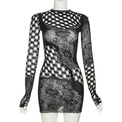 Fishnet Long Sleeve Hollow Out See Through Irregular Cut Out Mini Dress