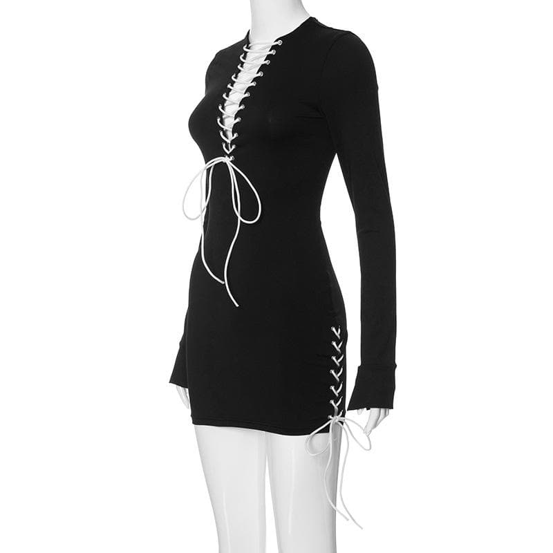 Lace Up Contrast Long Sleeve Irregular Crewneck Mini Dress