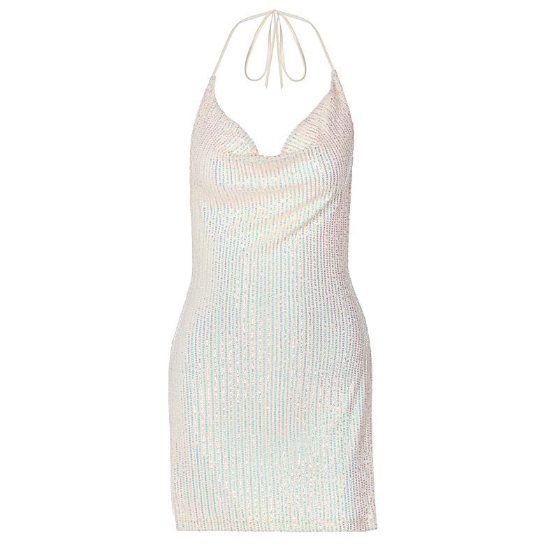 Glitter Cowl Neck Halter Slit Backless Mini Dress