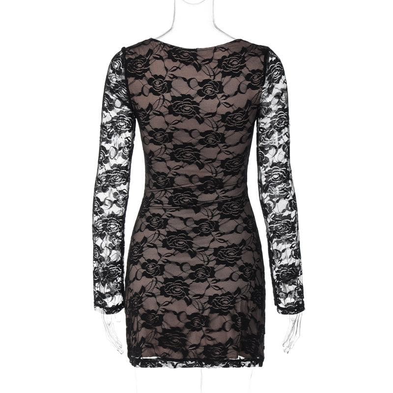 Long Sleeve V Neck Lace Contrast Patchwork Mini Dress