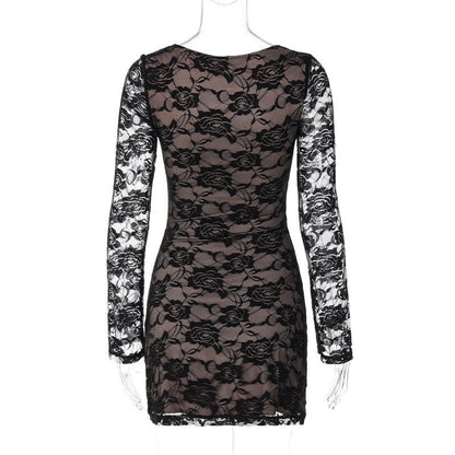 Long Sleeve V Neck Lace Contrast Patchwork Mini Dress