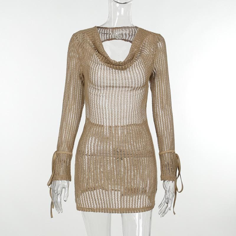 Crochet See Through Cowl Neck Long Sleeve Hollow Out Cut Out Mini Dress