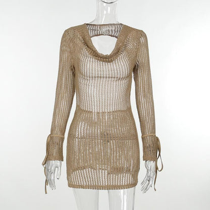 Crochet See Through Cowl Neck Long Sleeve Hollow Out Cut Out Mini Dress