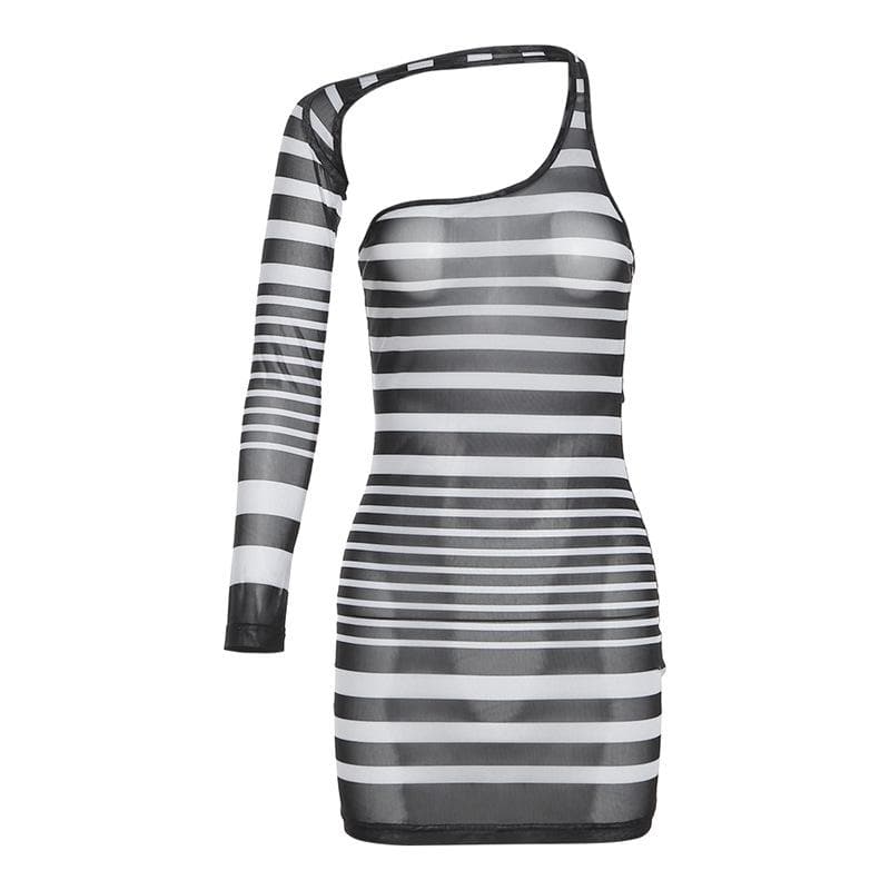 Irregular Sheer Mesh See Through One Shoulder Striped Mini Dress