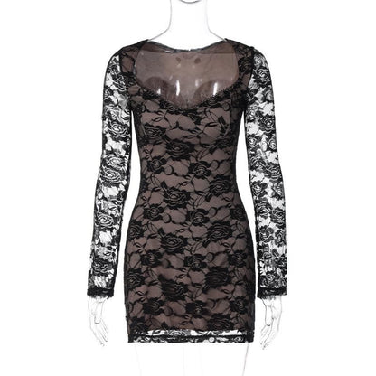 Long Sleeve V Neck Lace Contrast Patchwork Mini Dress