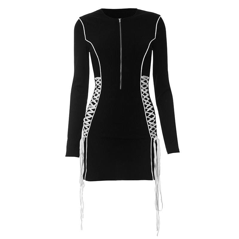 Crewneck Long Sleeve Zip-Up Lace Up Contrast Mini Dress