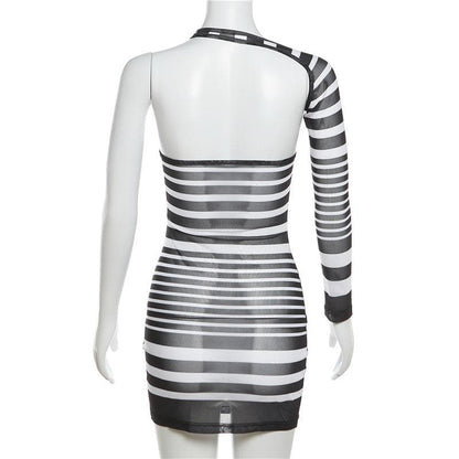 Irregular Sheer Mesh See Through One Shoulder Striped Mini Dress