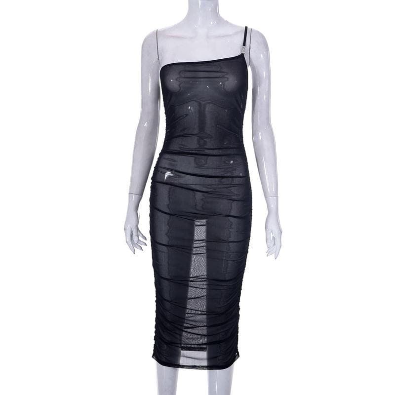 Sheer Mesh See Through One Shoulder Ruched Irregular Midi Dress