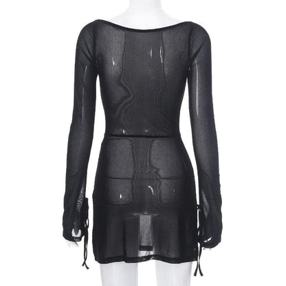 Sheer Mesh See Through Square Neck Slit Long Sleeve Mini Dress