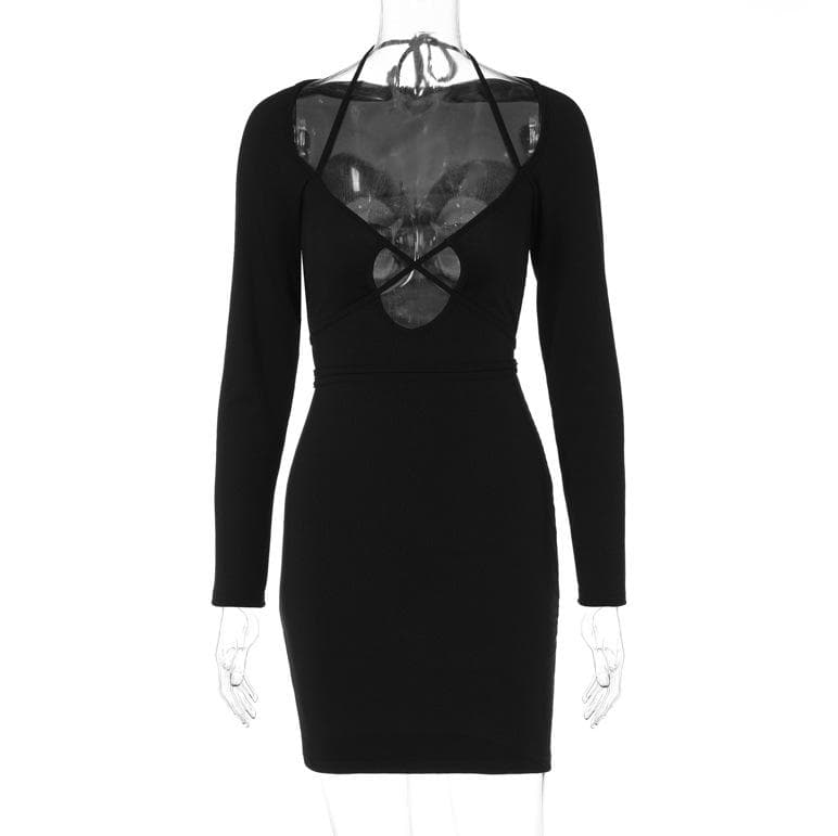 Cross Front Self Tie Halter Solid Long Sleeve Notch Neck Mini Dress