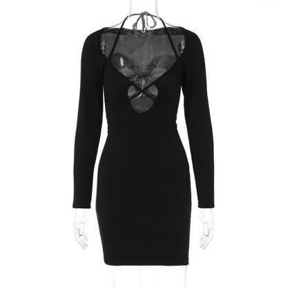 Cross Front Self Tie Halter Solid Long Sleeve Notch Neck Mini Dress