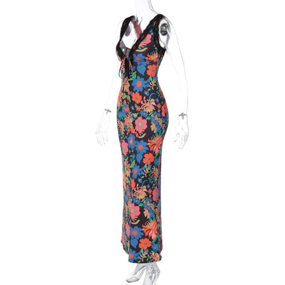 Lace Hem Sleeveless V Neck Flower Print Contrast Maxi Dress