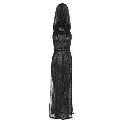 binfenxie Sleeveless Hoodie Low Cut Slit Self Tie Turtle Neck See Through Maxi Dress