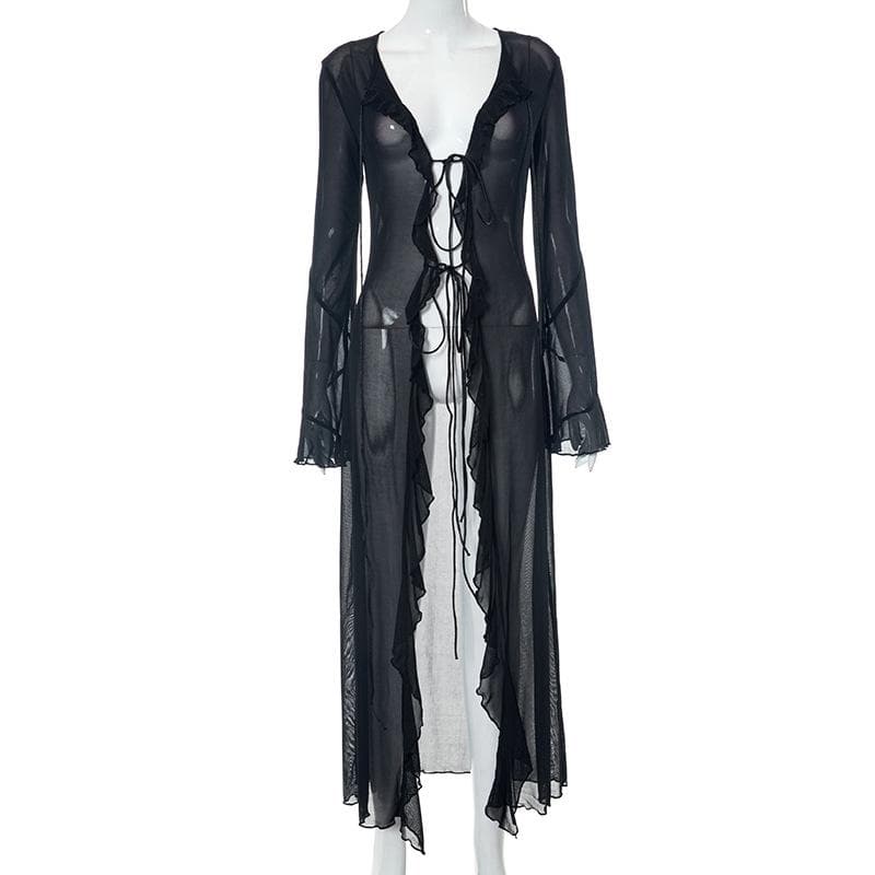 Flared Sleeve Ruffle Sheer Mesh See Through Self Tie Maxi Dress