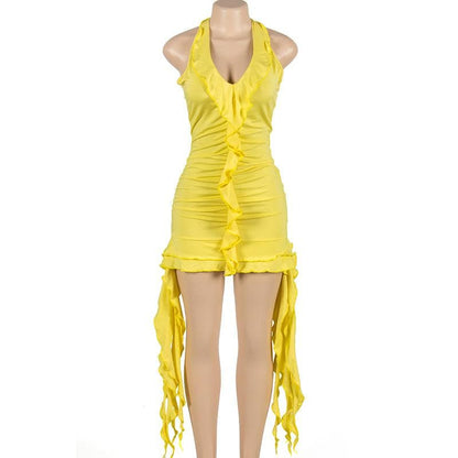 Self Tie Halter Ruffle Ruched V Neck Ribbon Backless Mini Dress