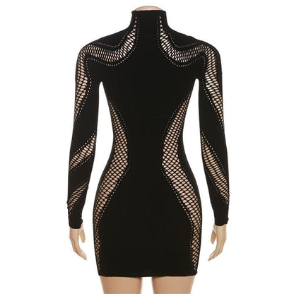 Hollow Out Solid Long Sleeve Fishnet High Neck Cut Out Mini Dress