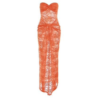 Backless Lace See Through Ruched Knotted Solid Maxi Dress