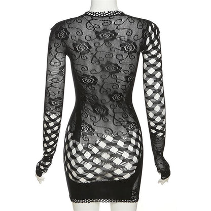 Fishnet Long Sleeve Hollow Out See Through Irregular Cut Out Mini Dress