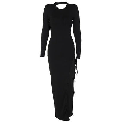 Lace Up Irregular Long Sleeve Hollow Out Backless Cut Out Maxi Dress