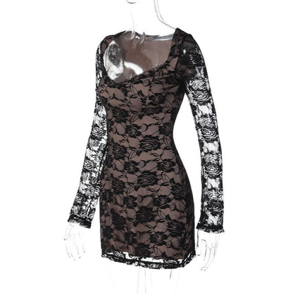 Long Sleeve V Neck Lace Contrast Patchwork Mini Dress