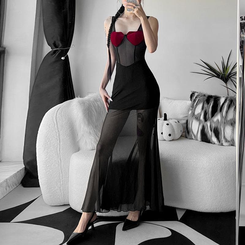 Heart Patchwork Mesh Contrast Sleeveless Backless Maxi Dress