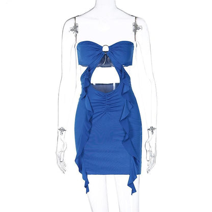 Ruched Hollow Out Solid O Ring Ruffle Backless Tube Cut Out Mini Dress