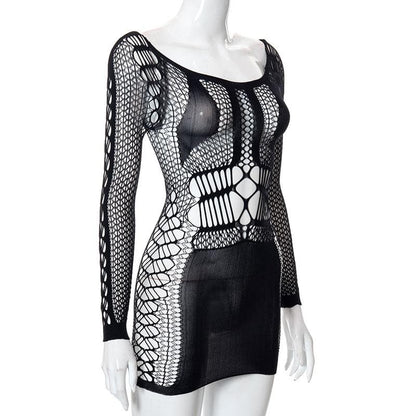 Fishnet Long Sleeve Hollow Out See Through Cut Out Mini Dress