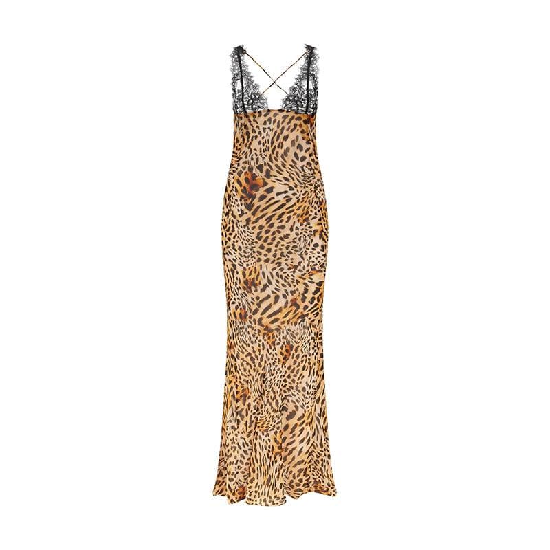 Cross Back Contrast Leopard Print V Neck Lace Patchwork Maxi Dress