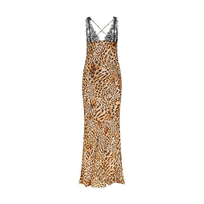 Cross Back Contrast Leopard Print V Neck Lace Patchwork Maxi Dress