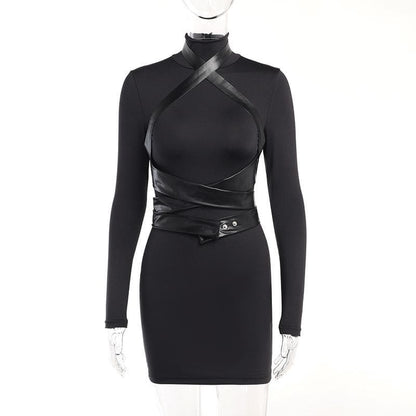 Long Sleeve High Neck Cross Front Button Zip-Up Mini Dress