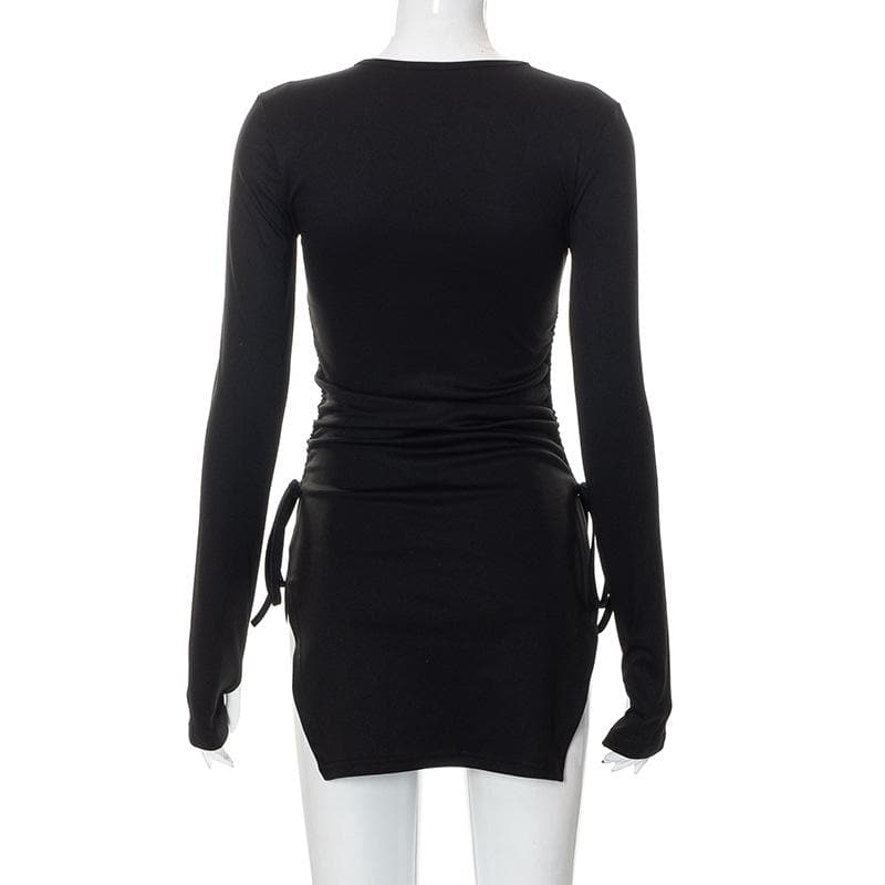 Drawstring Slit Long Sleeve Crewneck Solid Mini Dress