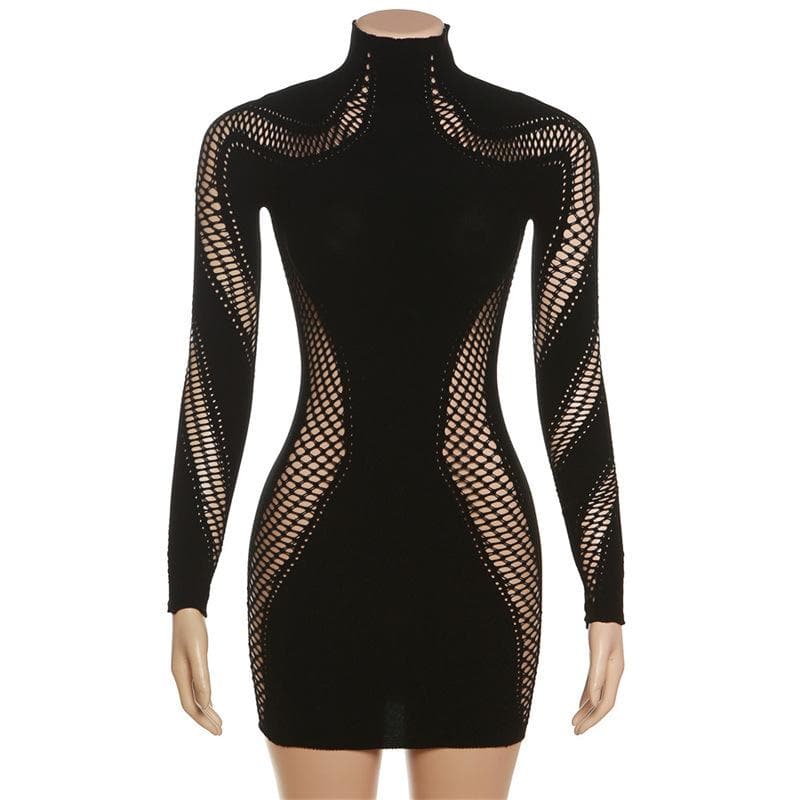 Hollow Out Solid Long Sleeve Fishnet High Neck Cut Out Mini Dress