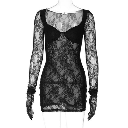 Long Sleeve Lace Gloves See Through Sweetheart Neck Mini Dress