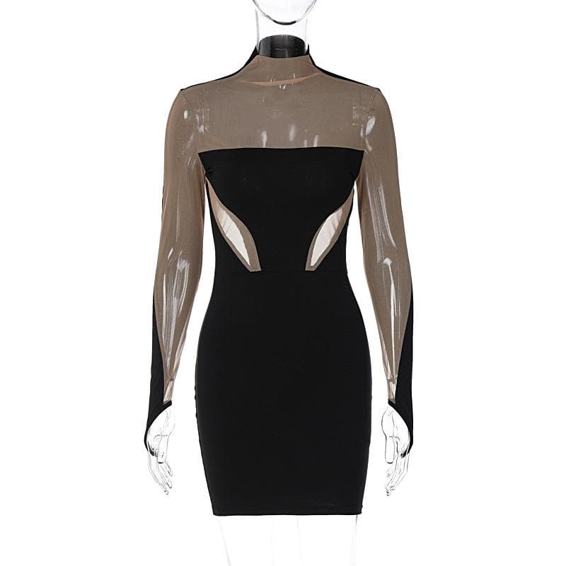 Mesh Patchwork Contrast Gloves High Neck Mini Dress