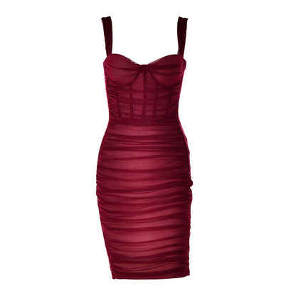 Mesh Panel Velvet Ruched Sweetheart Corset Cocktail Mini Dress - Fuchsia