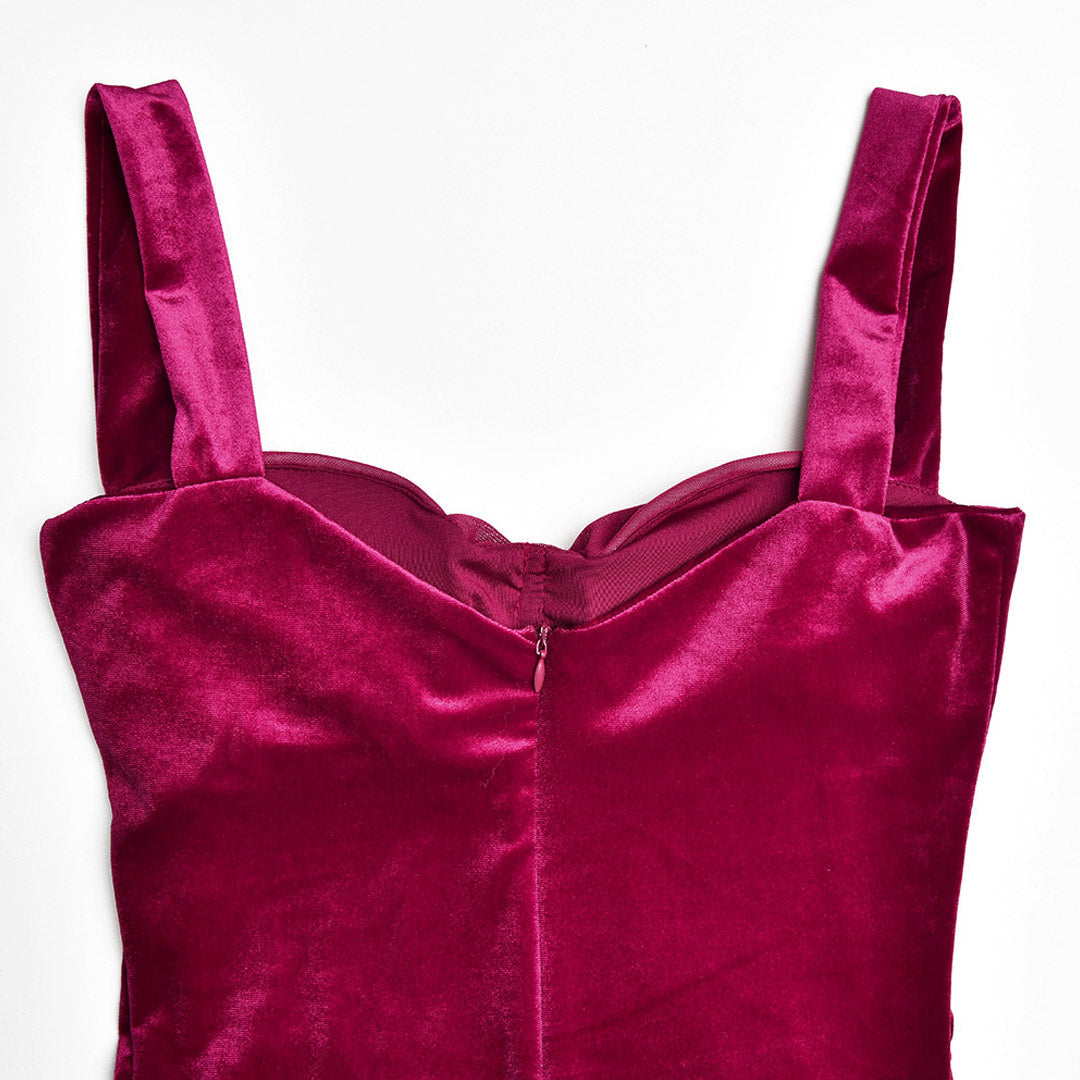 Mesh Panel Velvet Ruched Sweetheart Corset Cocktail Mini Dress - Fuchsia