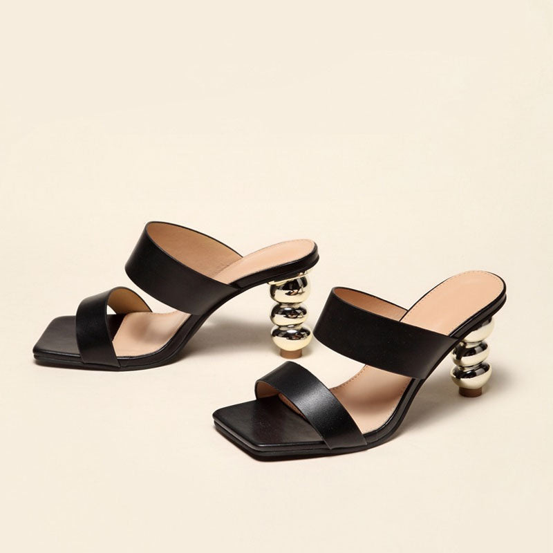 Geometric High Heel Square Toe Mule Sandals - Black