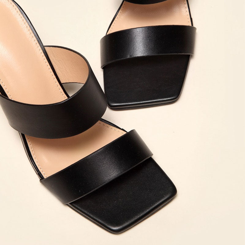 Geometric High Heel Square Toe Mule Sandals - Black