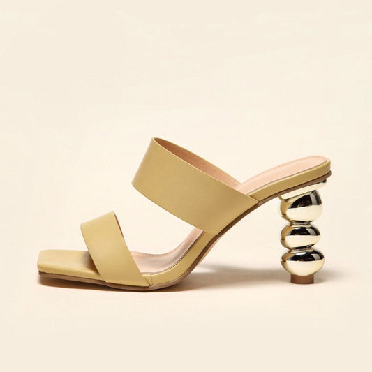 Geometric High Heel Square Toe Mule Sandals - Camel