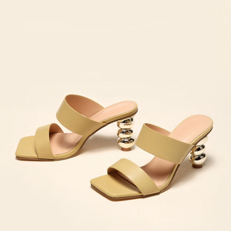 Geometric High Heel Square Toe Mule Sandals - Camel