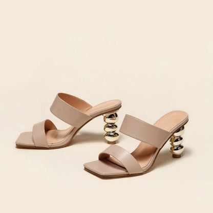 Geometric High Heel Square Toe Mule Sandals - Nude