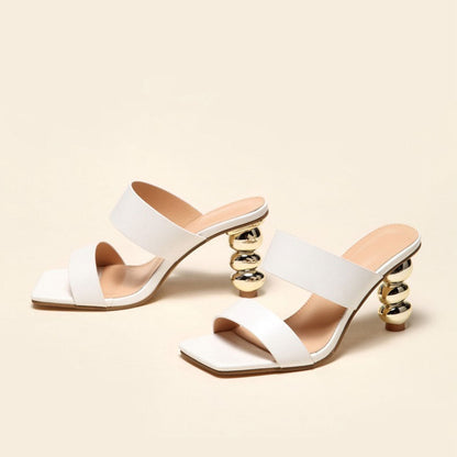 Geometric High Heel Square Toe Mule Sandals - White