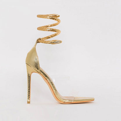 Snake Ankle Wrap Open Toe PVC Strap Stiletto Sandals - Gold